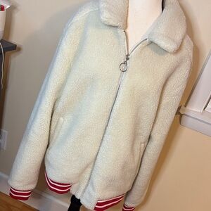 Konus Men's Sherpa Zipup Jacket in Off White LG red striped hem GUC